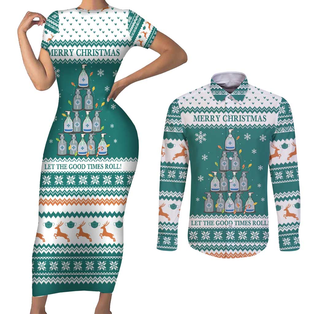Sanitizer Merry Christmas Couples Matching Short Sleeve Bodycon Dress and Long Sleeve Button Shirt Xmas Holiday Patterns - Wonder Print Shop
