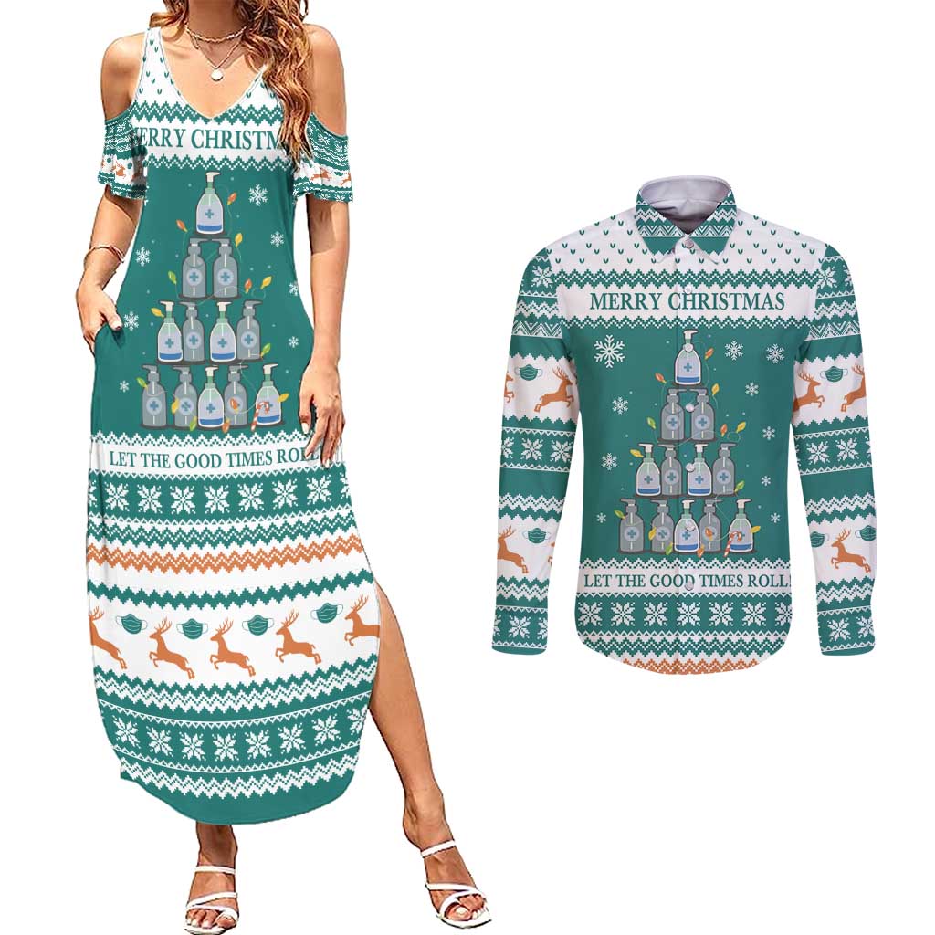 Sanitizer Merry Christmas Couples Matching Summer Maxi Dress and Long Sleeve Button Shirt Xmas Holiday Patterns - Wonder Print Shop