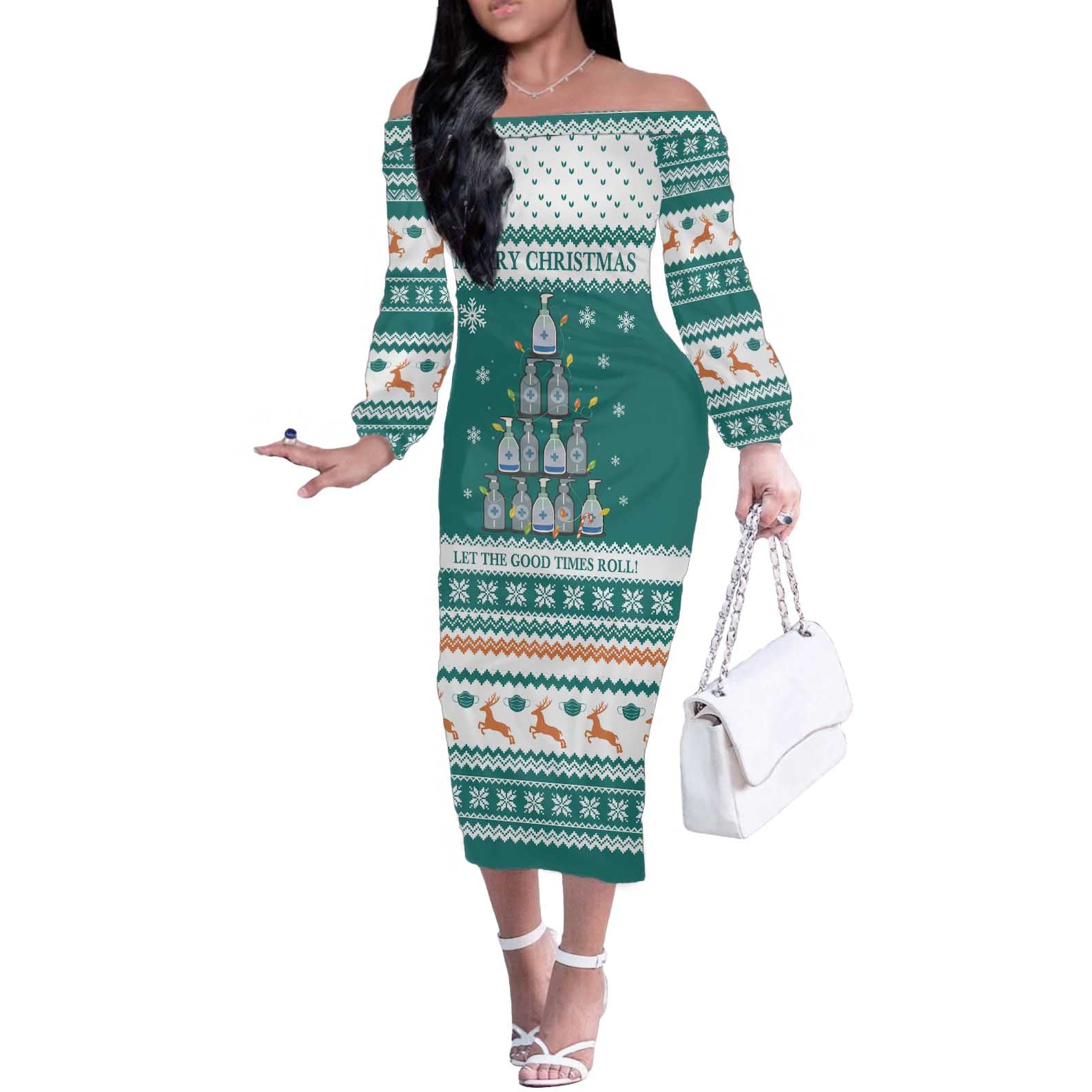 Sanitizer Merry Christmas Off The Shoulder Long Sleeve Dress Xmas Holiday Patterns - Wonder Print Shop