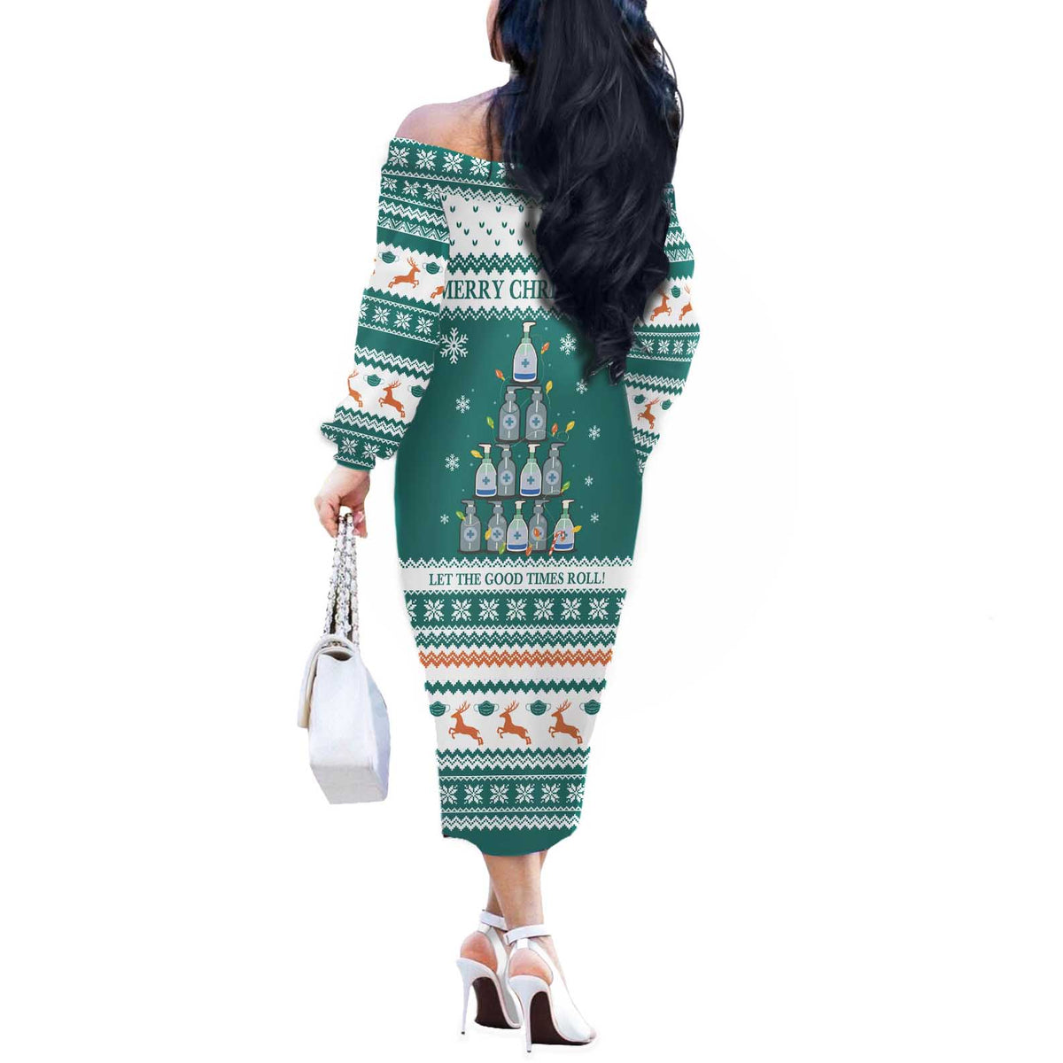 Sanitizer Merry Christmas Off The Shoulder Long Sleeve Dress Xmas Holiday Patterns - Wonder Print Shop