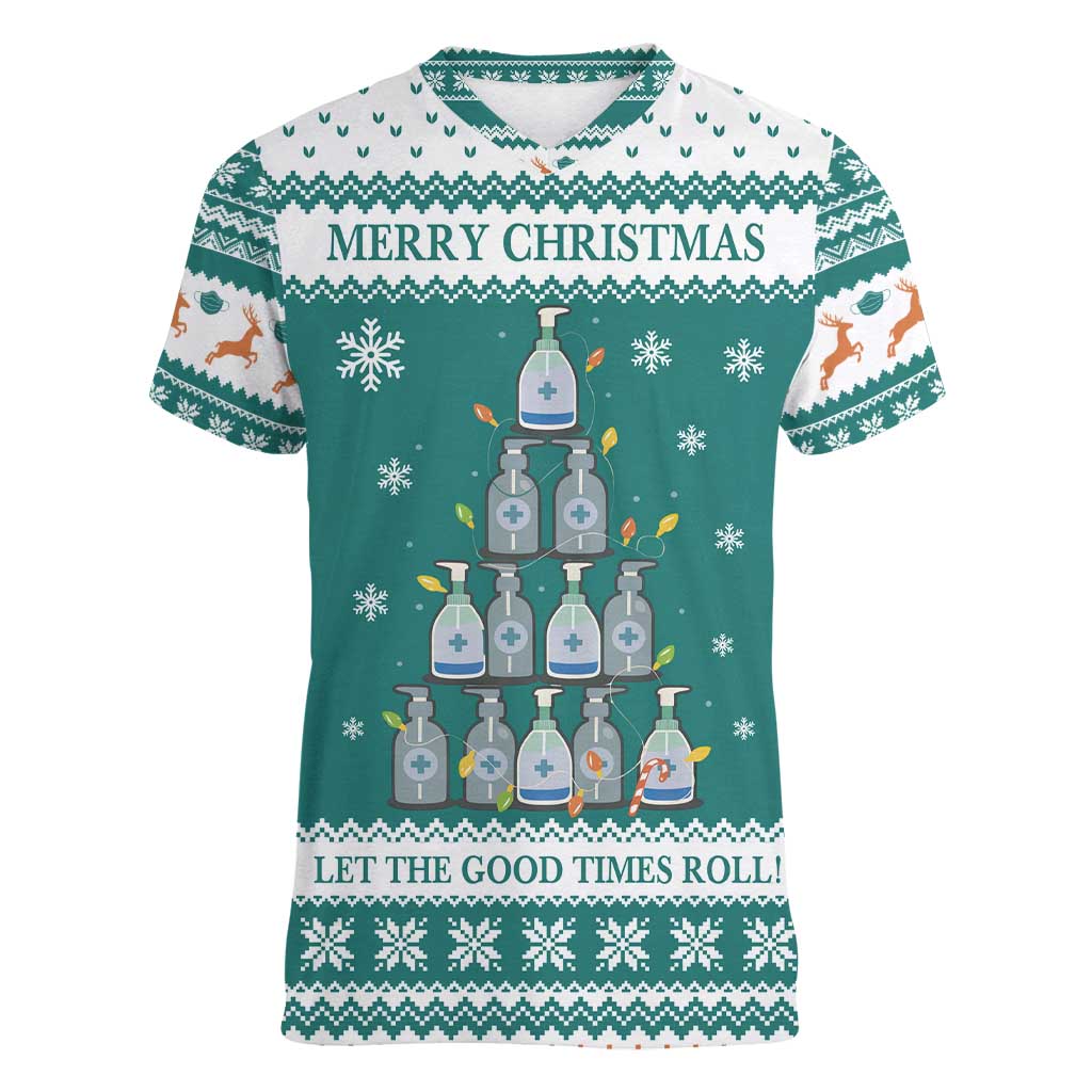 Sanitizer Merry Christmas Women V-Neck T-Shirt Xmas Holiday Patterns - Wonder Print Shop