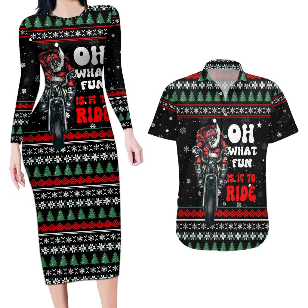 Santa And Motor Christmas Couples Matching Long Sleeve Bodycon Dress and Hawaiian Shirt Xmas Holiday Patterns - Wonder Print Shop