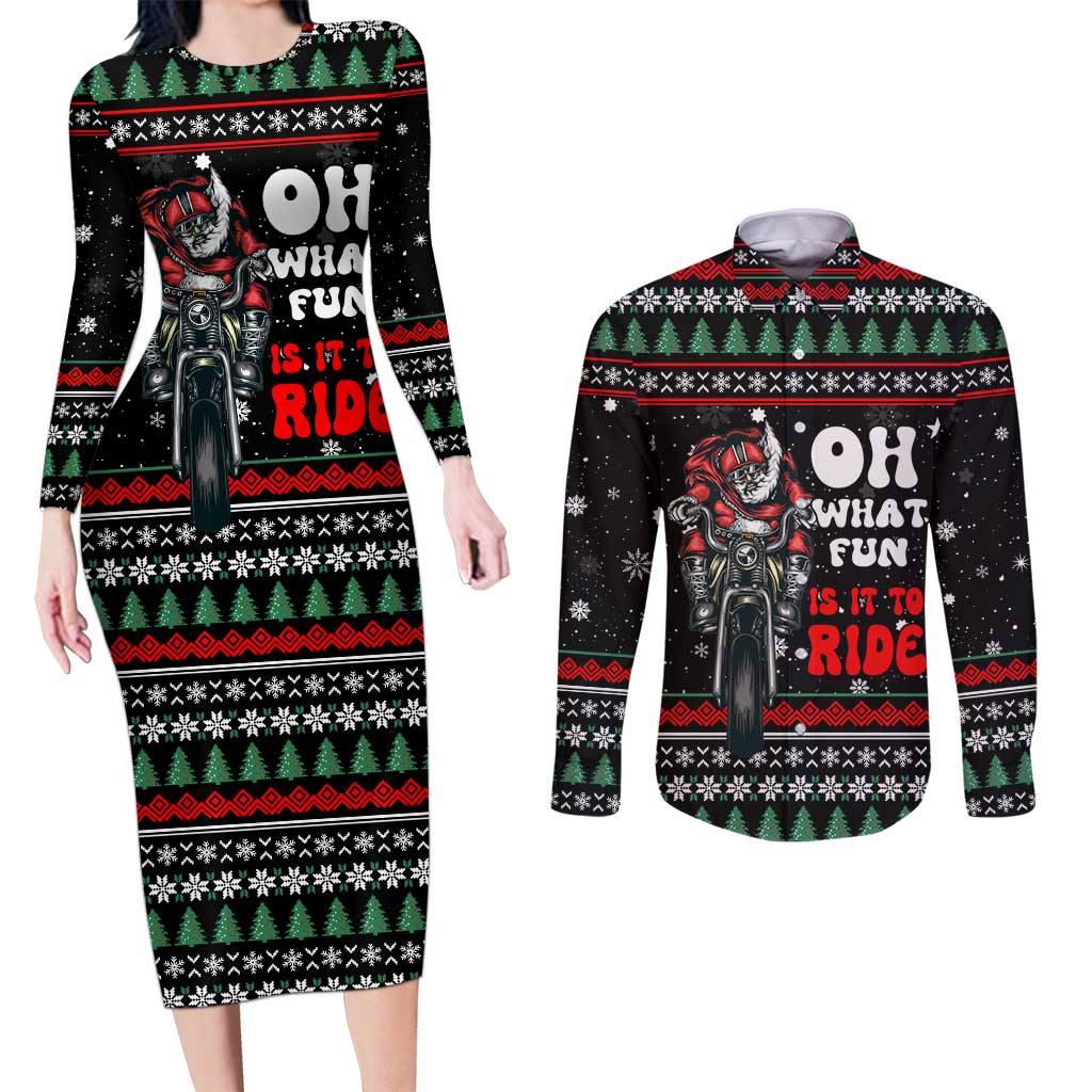 Santa And Motor Christmas Couples Matching Long Sleeve Bodycon Dress and Long Sleeve Button Shirt Xmas Holiday Patterns - Wonder Print Shop
