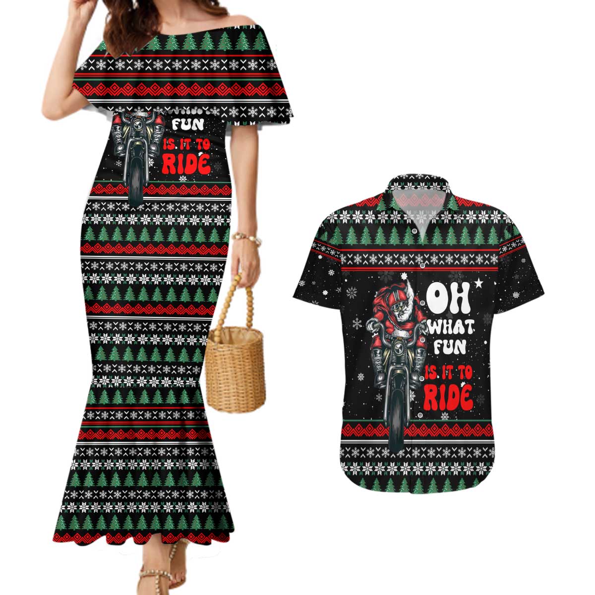 Santa And Motor Christmas Couples Matching Mermaid Dress and Hawaiian Shirt Xmas Holiday Patterns - Wonder Print Shop