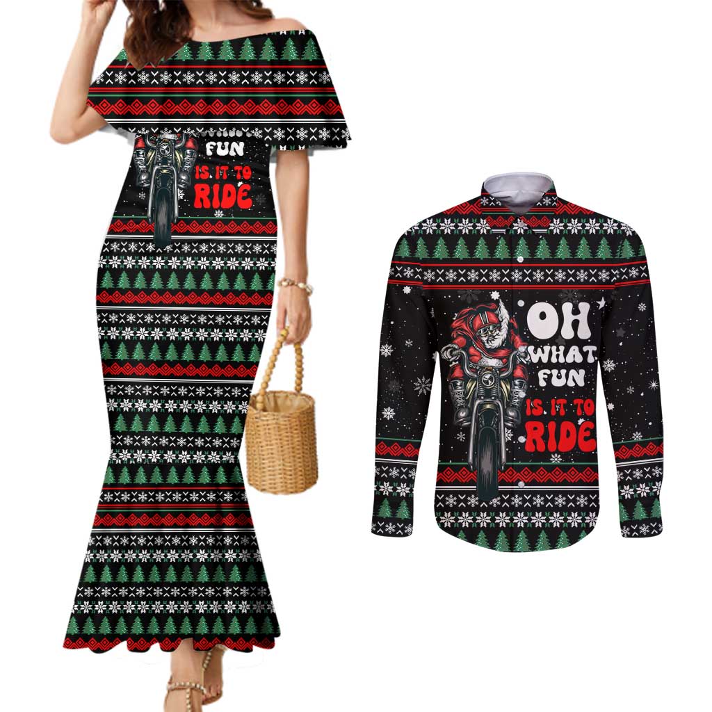Santa And Motor Christmas Couples Matching Mermaid Dress and Long Sleeve Button Shirt Xmas Holiday Patterns - Wonder Print Shop