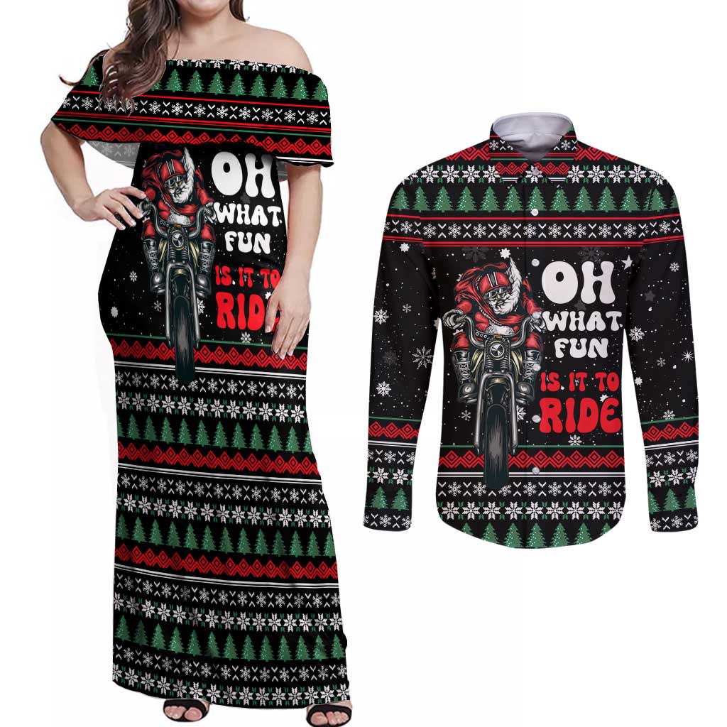 Santa And Motor Christmas Couples Matching Off Shoulder Maxi Dress and Long Sleeve Button Shirt Xmas Holiday Patterns - Wonder Print Shop