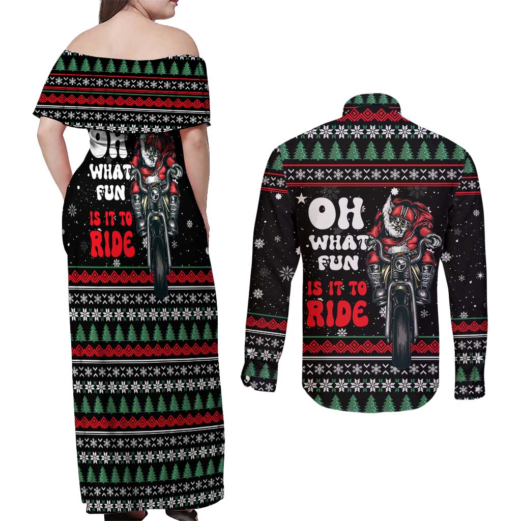 Santa And Motor Christmas Couples Matching Off Shoulder Maxi Dress and Long Sleeve Button Shirt Xmas Holiday Patterns - Wonder Print Shop
