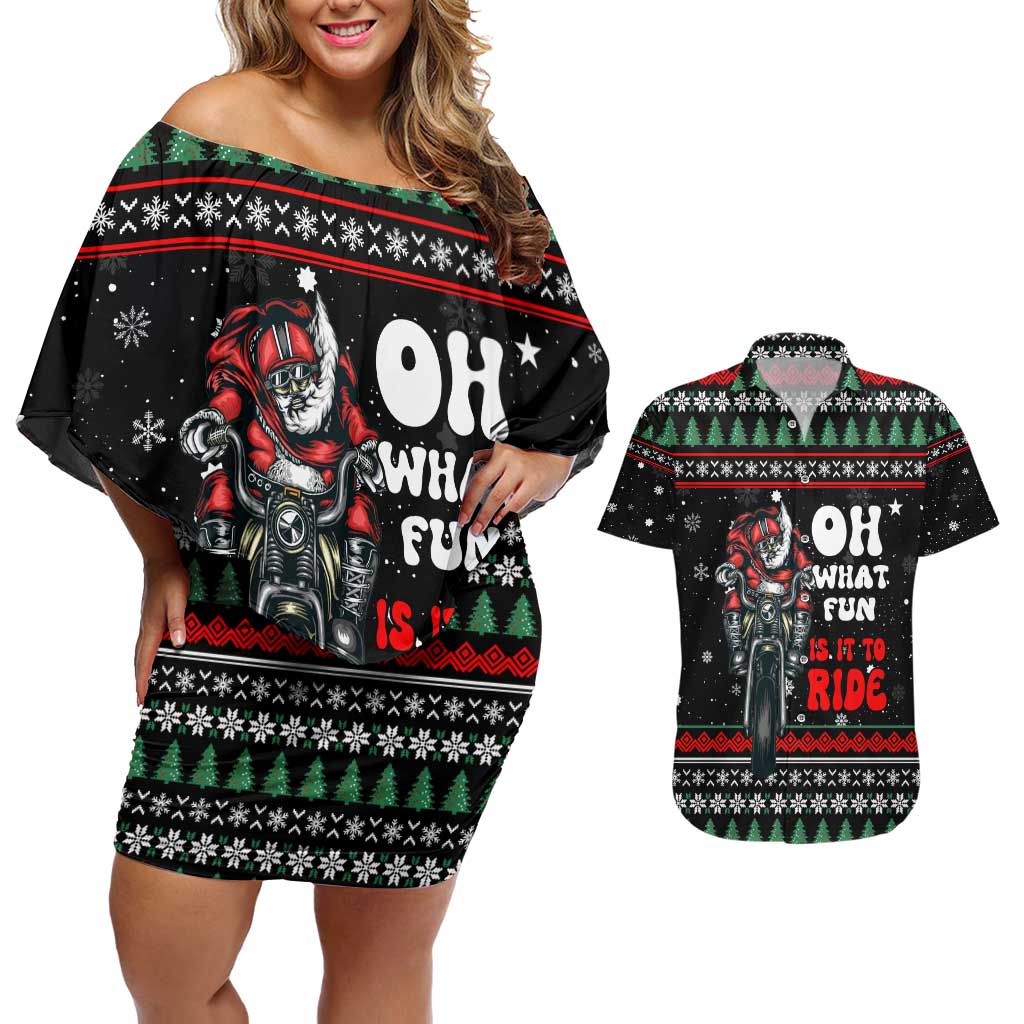 Santa And Motor Christmas Couples Matching Off Shoulder Short Dress and Hawaiian Shirt Xmas Holiday Patterns - Wonder Print Shop