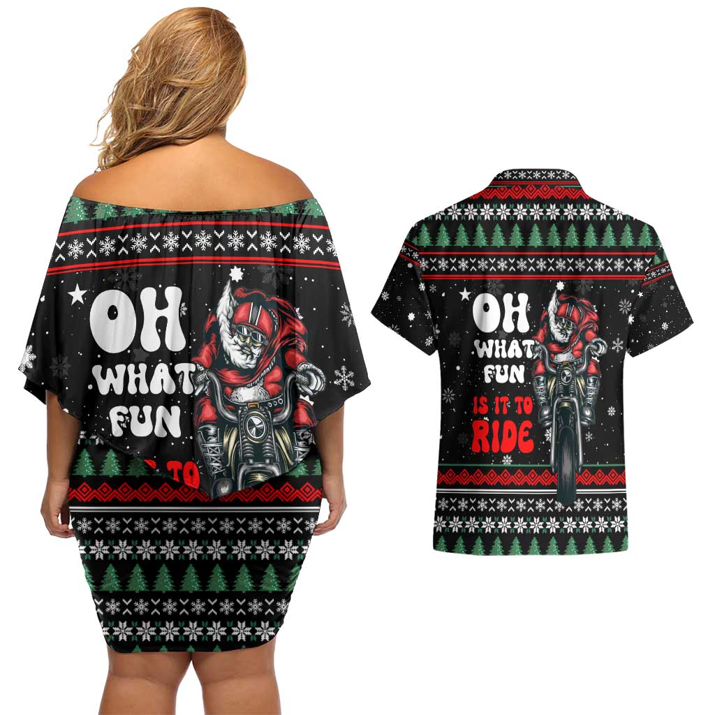 Santa And Motor Christmas Couples Matching Off Shoulder Short Dress and Hawaiian Shirt Xmas Holiday Patterns - Wonder Print Shop