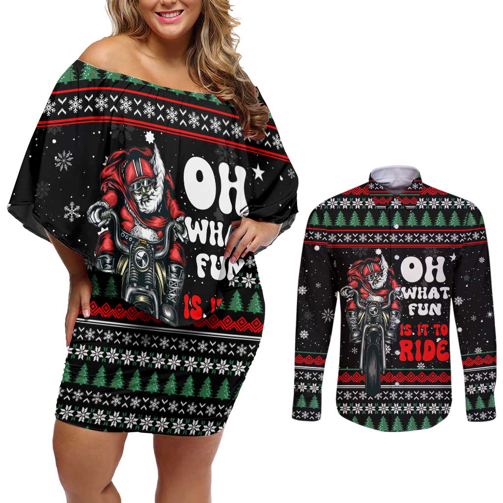 Santa And Motor Christmas Couples Matching Off Shoulder Short Dress and Long Sleeve Button Shirt Xmas Holiday Patterns - Wonder Print Shop