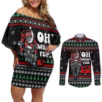 Santa And Motor Christmas Couples Matching Off Shoulder Short Dress and Long Sleeve Button Shirt Xmas Holiday Patterns - Wonder Print Shop