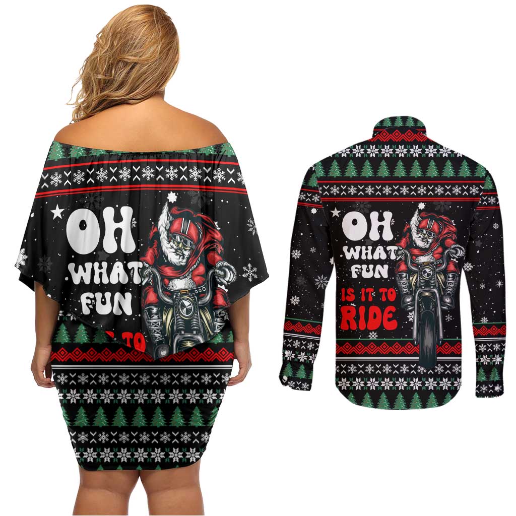 Santa And Motor Christmas Couples Matching Off Shoulder Short Dress and Long Sleeve Button Shirt Xmas Holiday Patterns - Wonder Print Shop