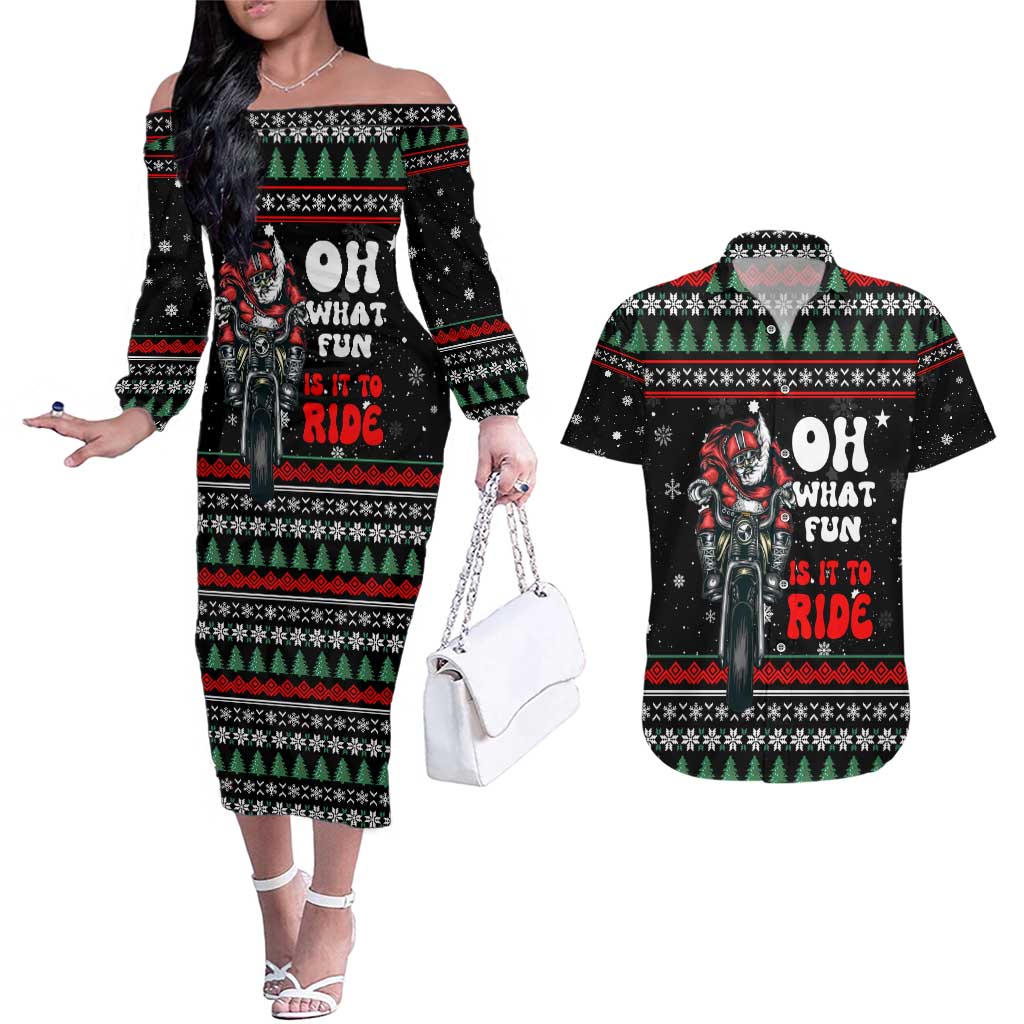 Santa And Motor Christmas Couples Matching Off The Shoulder Long Sleeve Dress and Hawaiian Shirt Xmas Holiday Patterns - Wonder Print Shop