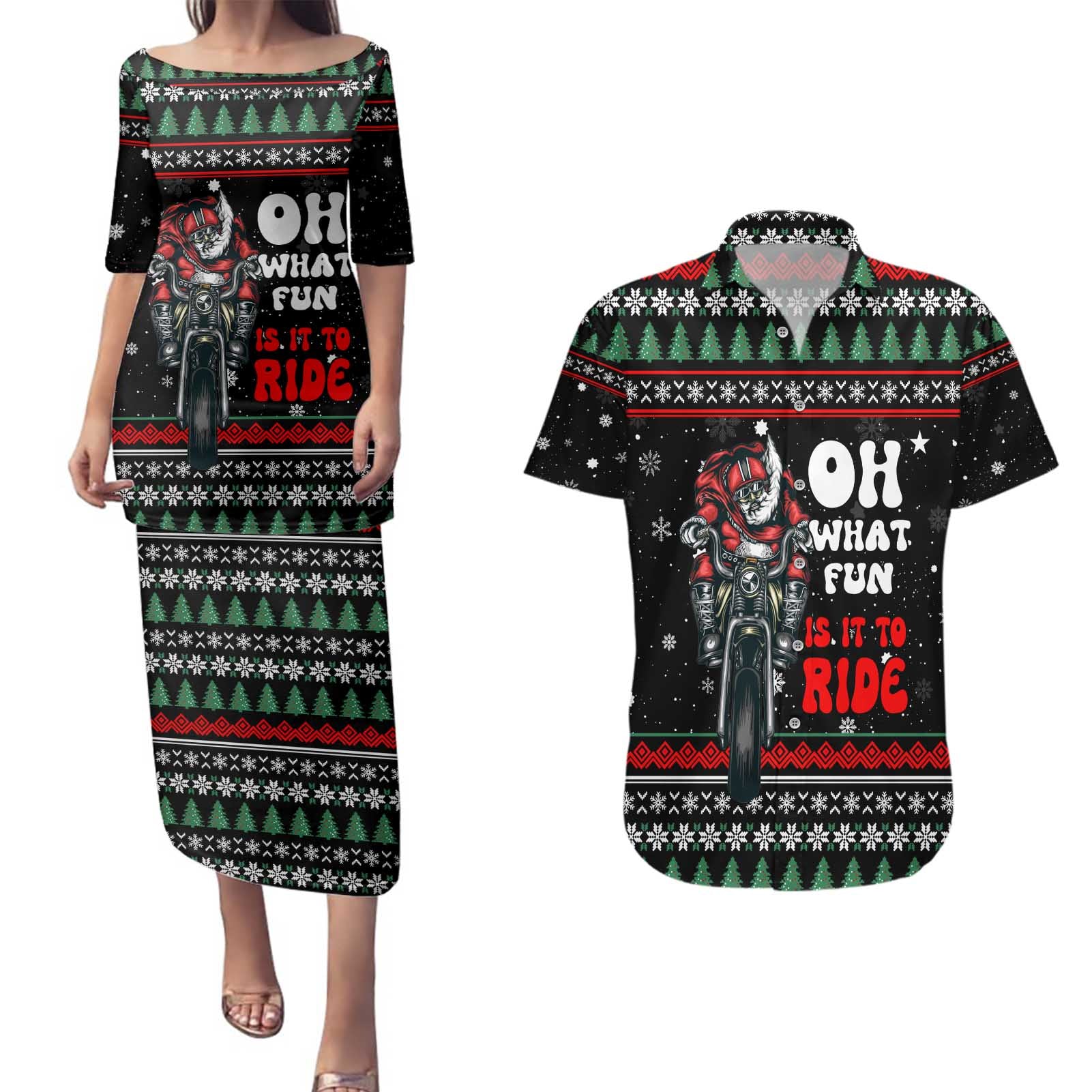 Santa And Motor Christmas Couples Matching Puletasi and Hawaiian Shirt Xmas Holiday Patterns - Wonder Print Shop