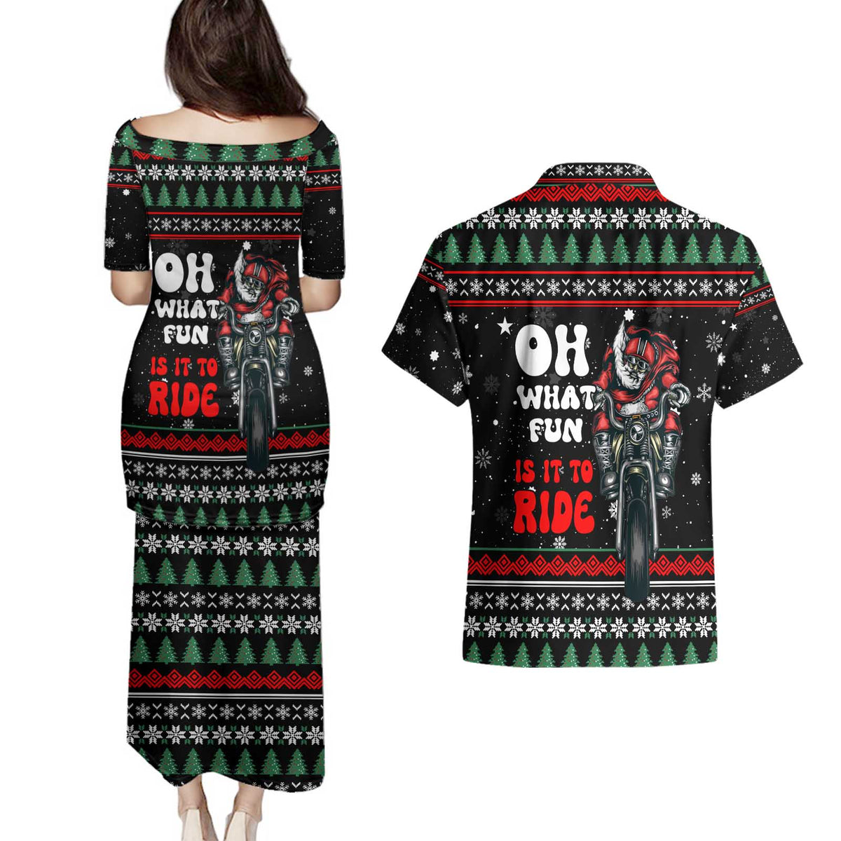 Santa And Motor Christmas Couples Matching Puletasi and Hawaiian Shirt Xmas Holiday Patterns - Wonder Print Shop