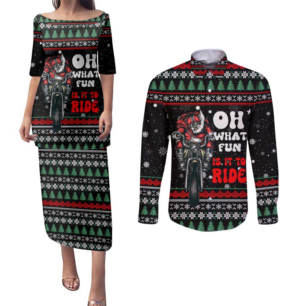 Santa And Motor Christmas Couples Matching Puletasi and Long Sleeve Button Shirt Xmas Holiday Patterns - Wonder Print Shop
