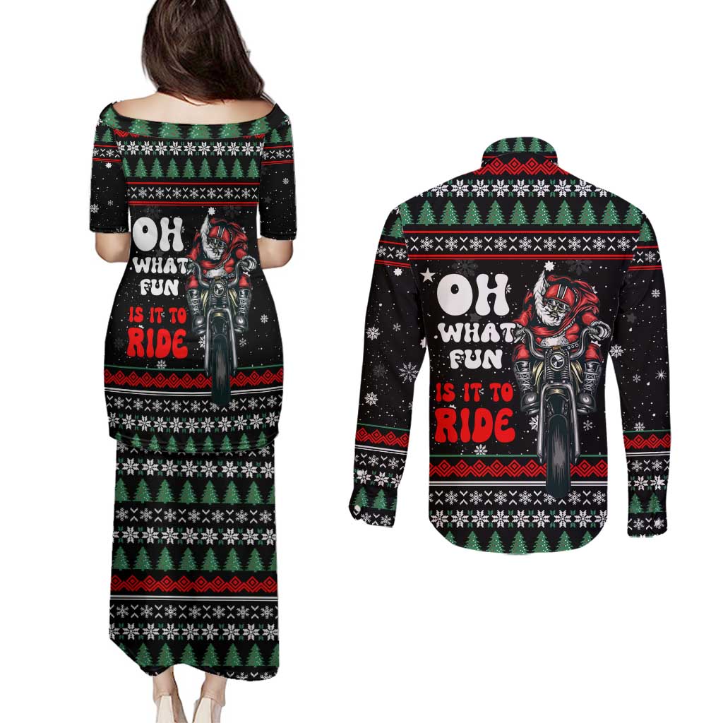 Santa And Motor Christmas Couples Matching Puletasi and Long Sleeve Button Shirt Xmas Holiday Patterns - Wonder Print Shop