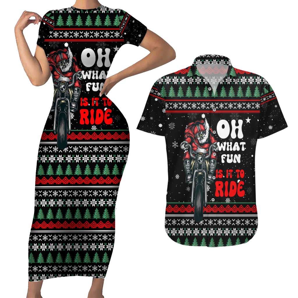Santa And Motor Christmas Couples Matching Short Sleeve Bodycon Dress and Hawaiian Shirt Xmas Holiday Patterns - Wonder Print Shop