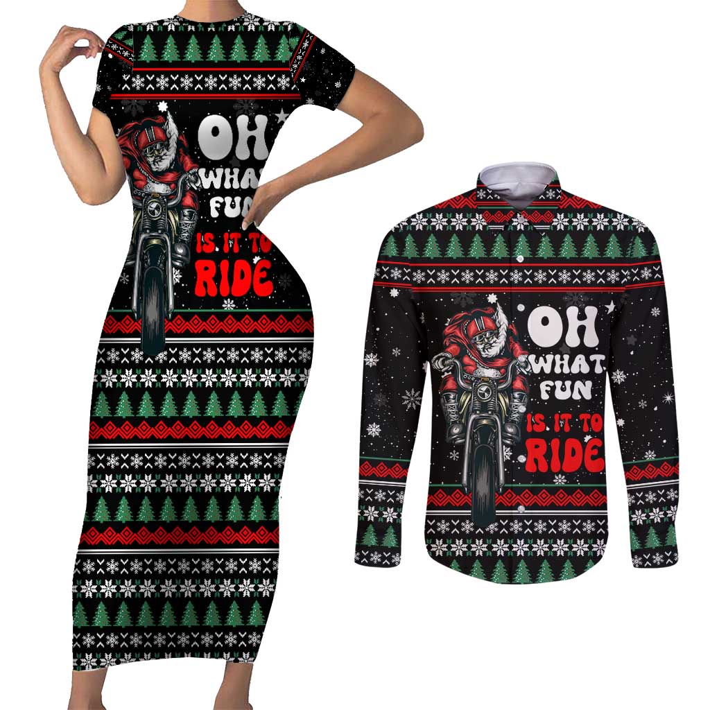 Santa And Motor Christmas Couples Matching Short Sleeve Bodycon Dress and Long Sleeve Button Shirt Xmas Holiday Patterns - Wonder Print Shop
