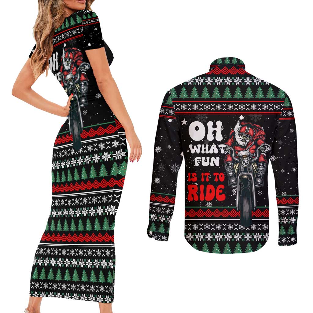 Santa And Motor Christmas Couples Matching Short Sleeve Bodycon Dress and Long Sleeve Button Shirt Xmas Holiday Patterns - Wonder Print Shop