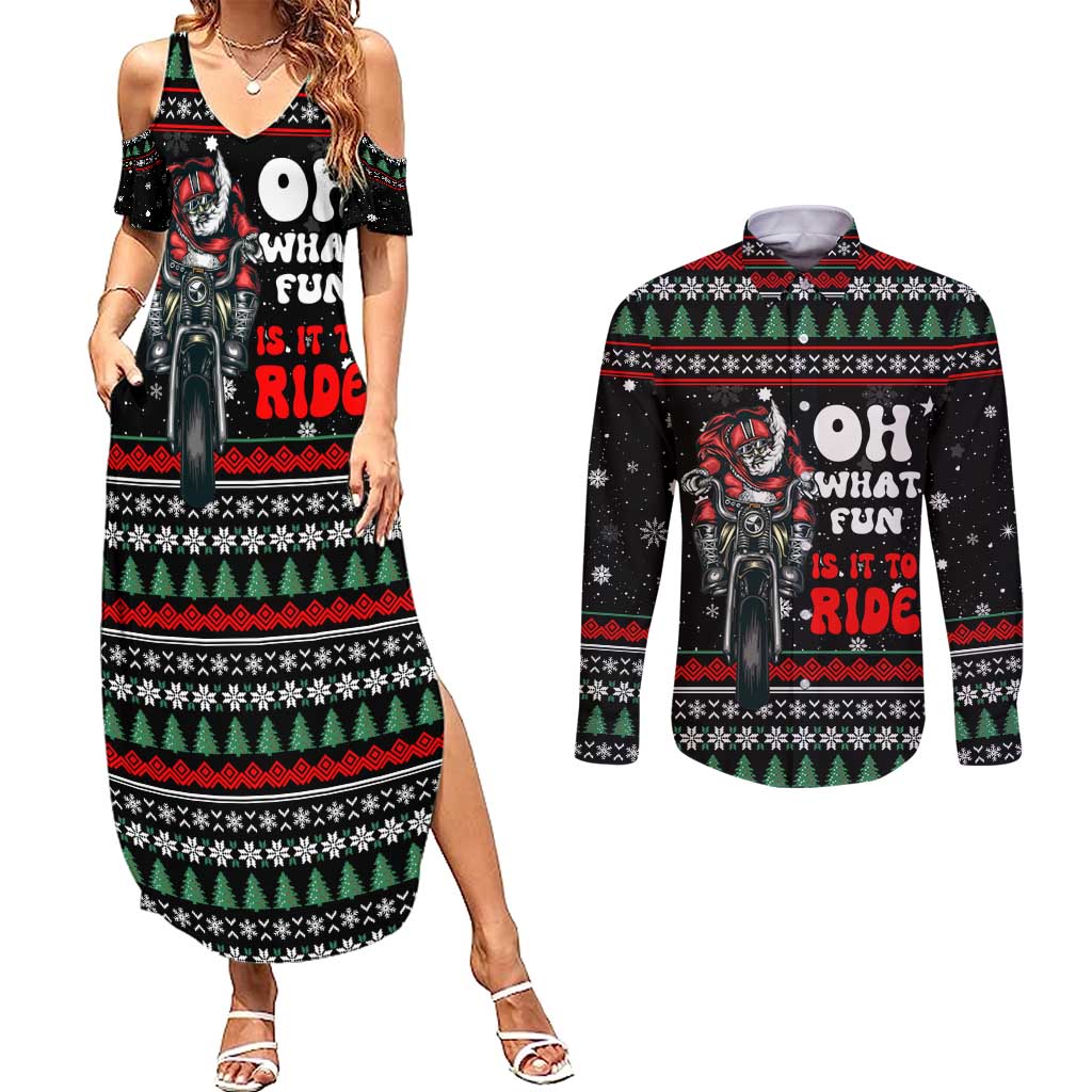 Santa And Motor Christmas Couples Matching Summer Maxi Dress and Long Sleeve Button Shirt Xmas Holiday Patterns - Wonder Print Shop