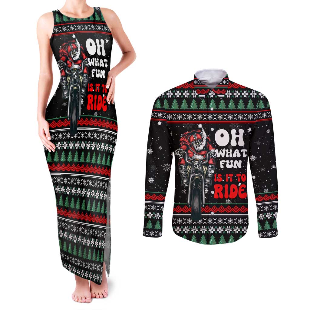 Santa And Motor Christmas Couples Matching Tank Maxi Dress and Long Sleeve Button Shirt Xmas Holiday Patterns - Wonder Print Shop