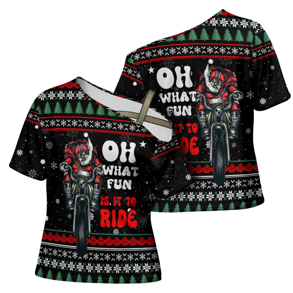 Santa And Motor Christmas Cross Shoulder Shirt Xmas Holiday Patterns - Wonder Print Shop