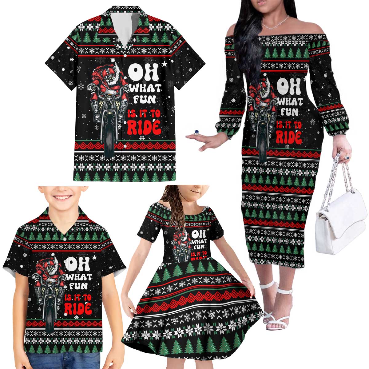 Santa And Motor Christmas Family Matching Off The Shoulder Long Sleeve Dress and Hawaiian Shirt Xmas Holiday Patterns - Wonder Print Shop