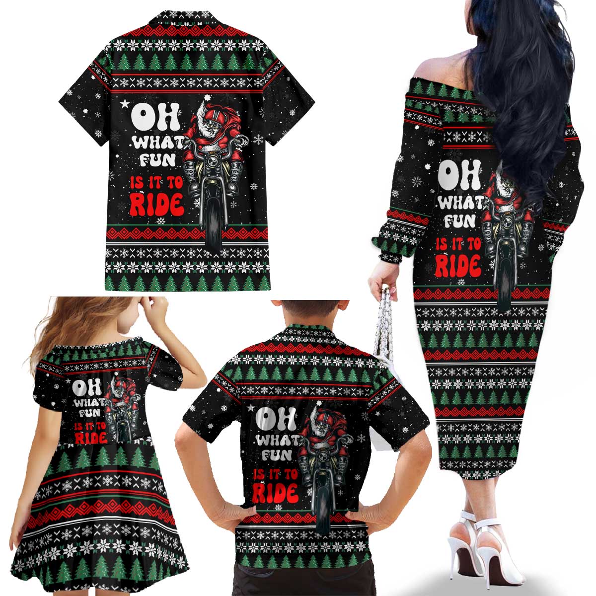 Santa And Motor Christmas Family Matching Off The Shoulder Long Sleeve Dress and Hawaiian Shirt Xmas Holiday Patterns - Wonder Print Shop
