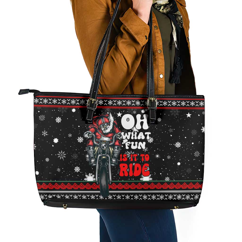Santa And Motor Christmas Leather Tote Bag Xmas Holiday Patterns - Wonder Print Shop