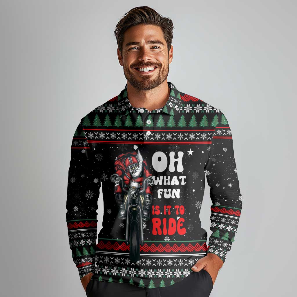 Santa And Motor Christmas Long Sleeve Polo Shirt Xmas Holiday Patterns - Wonder Print Shop