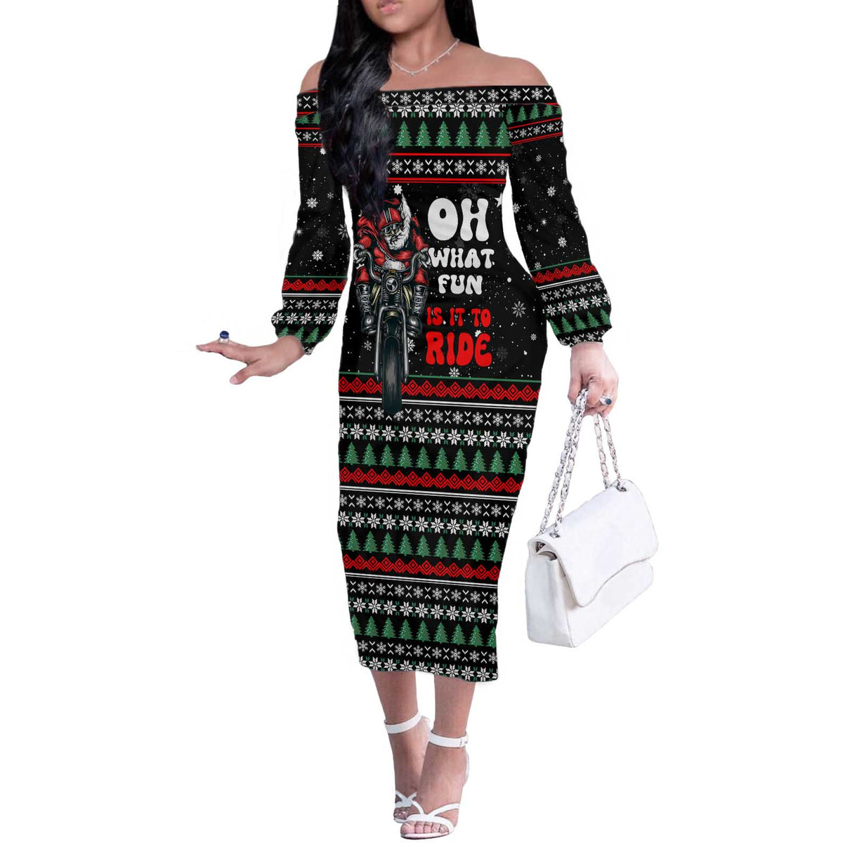 Santa And Motor Christmas Off The Shoulder Long Sleeve Dress Xmas Holiday Patterns - Wonder Print Shop