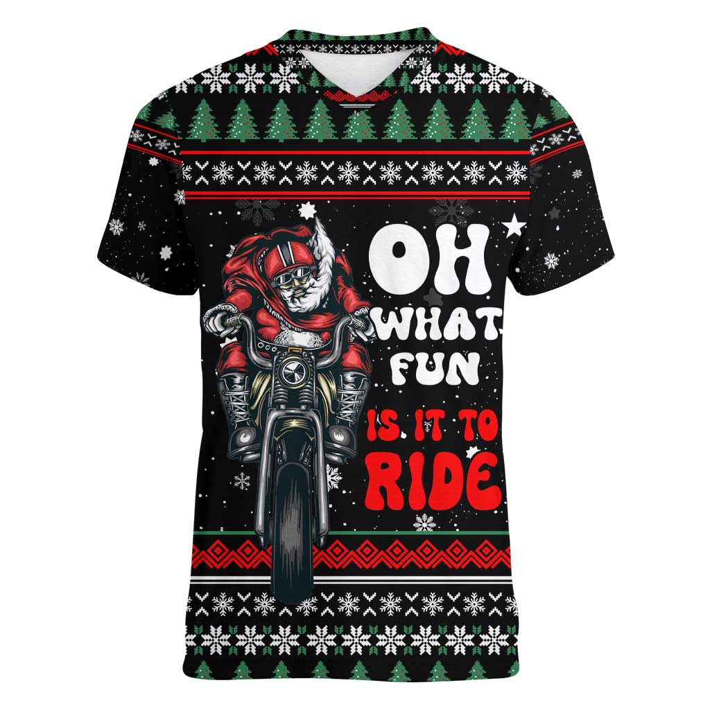 Santa And Motor Christmas Women V-Neck T-Shirt Xmas Holiday Patterns - Wonder Print Shop