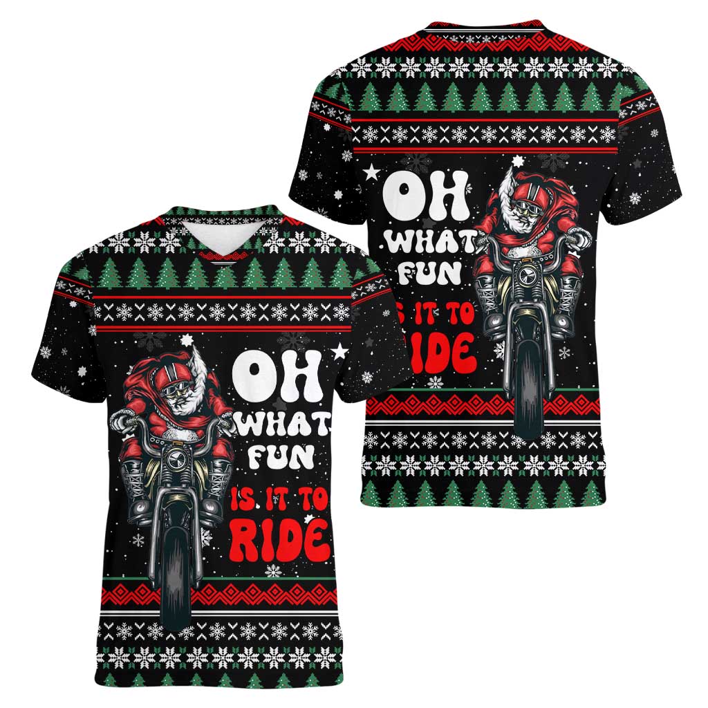 Santa And Motor Christmas Women V-Neck T-Shirt Xmas Holiday Patterns - Wonder Print Shop