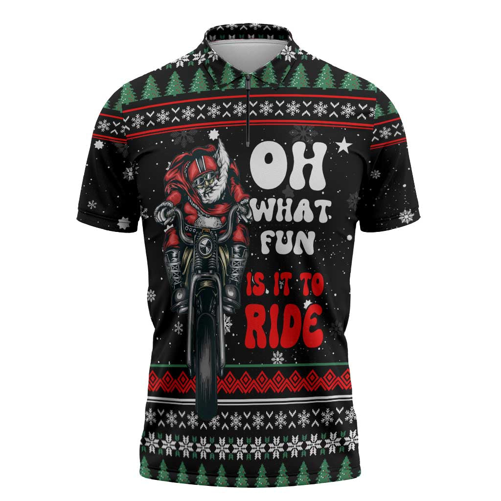 Santa And Motor Christmas Zipper Polo Shirt Xmas Holiday Patterns - Wonder Print Shop
