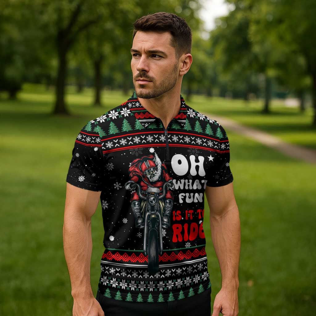Santa And Motor Christmas Zipper Polo Shirt Xmas Holiday Patterns - Wonder Print Shop