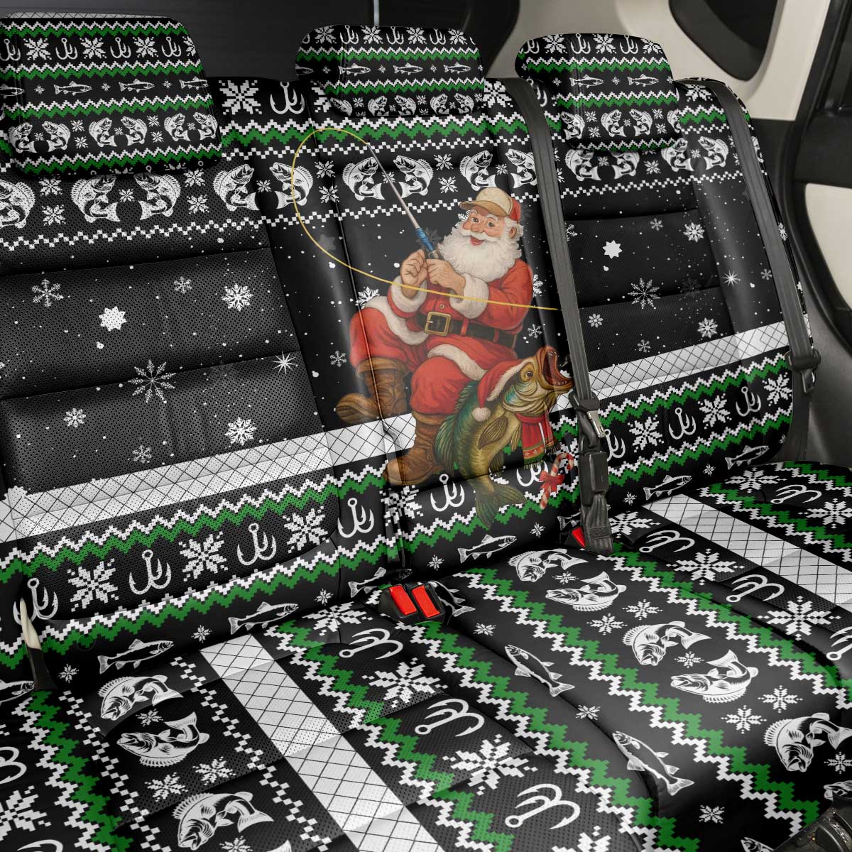 Santa Claus Fishing Christmas Back Car Seat Cover Xmas Holiday Patterns - Wonder Print Shop