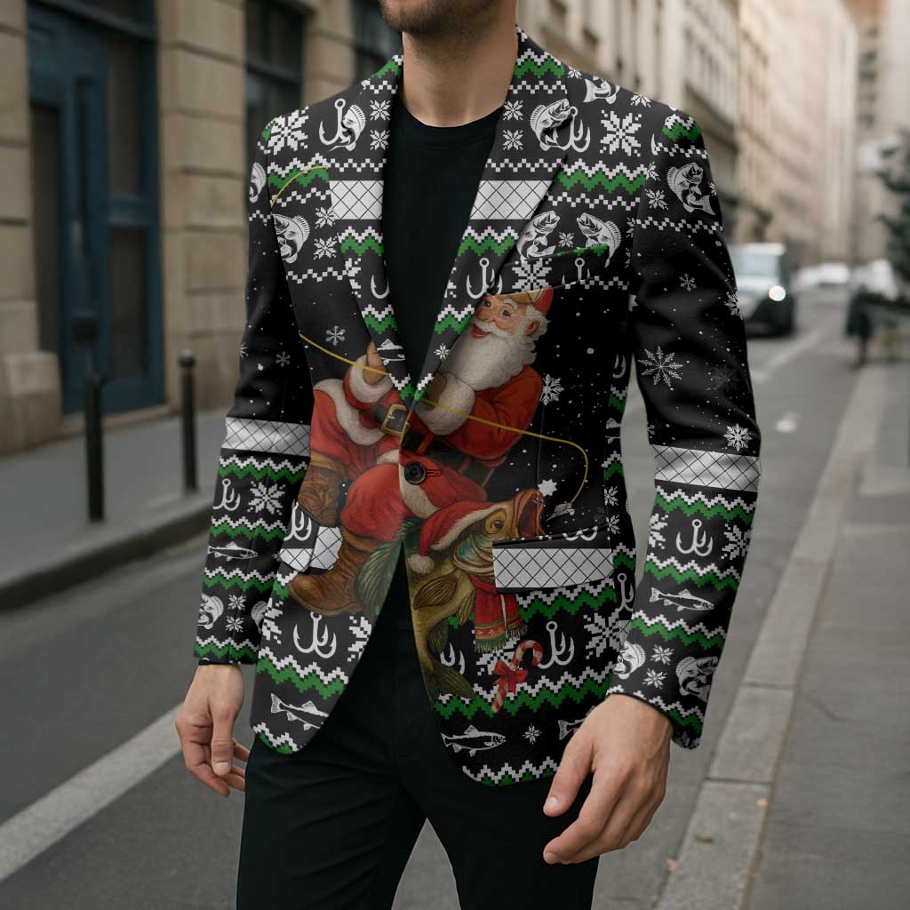 Santa Claus Fishing Christmas Blazer Xmas Holiday Patterns - Wonder Print Shop