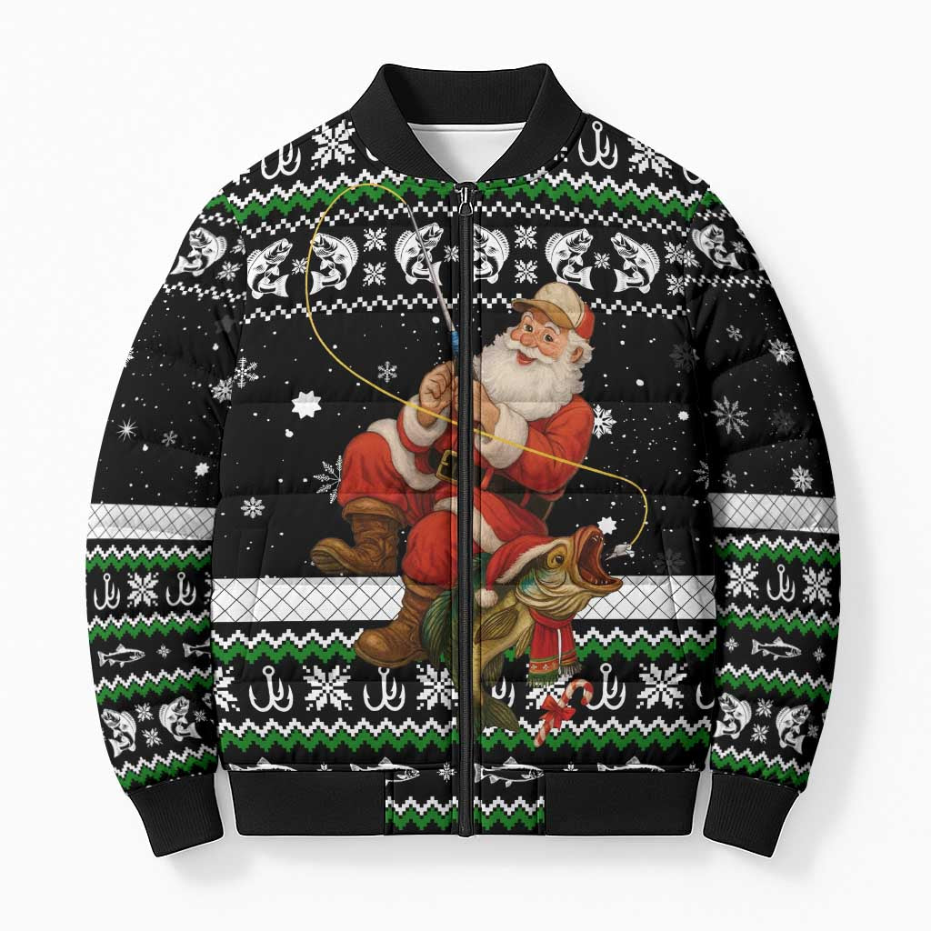 Santa Claus Fishing Christmas Bomber Puffer Jacket Xmas Holiday Patterns - Wonder Print Shop