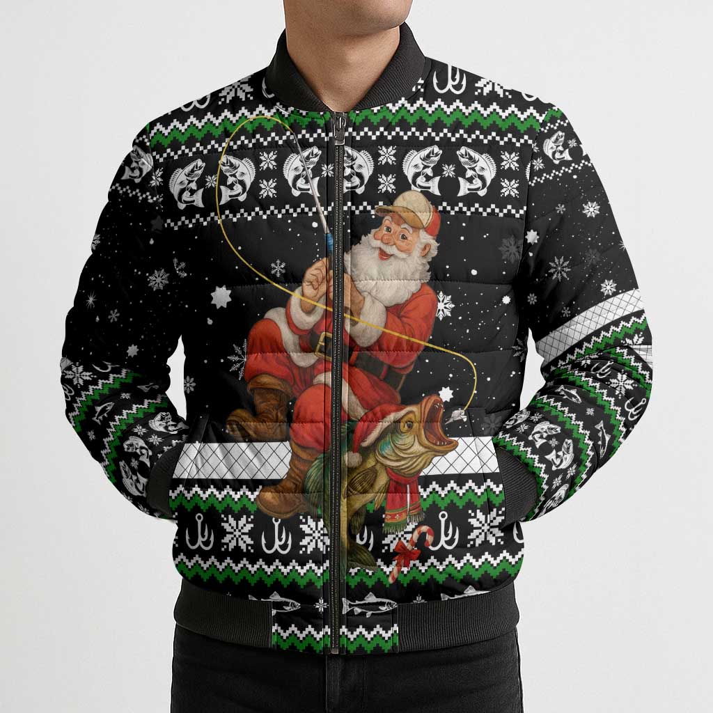 Santa Claus Fishing Christmas Bomber Puffer Jacket Xmas Holiday Patterns - Wonder Print Shop