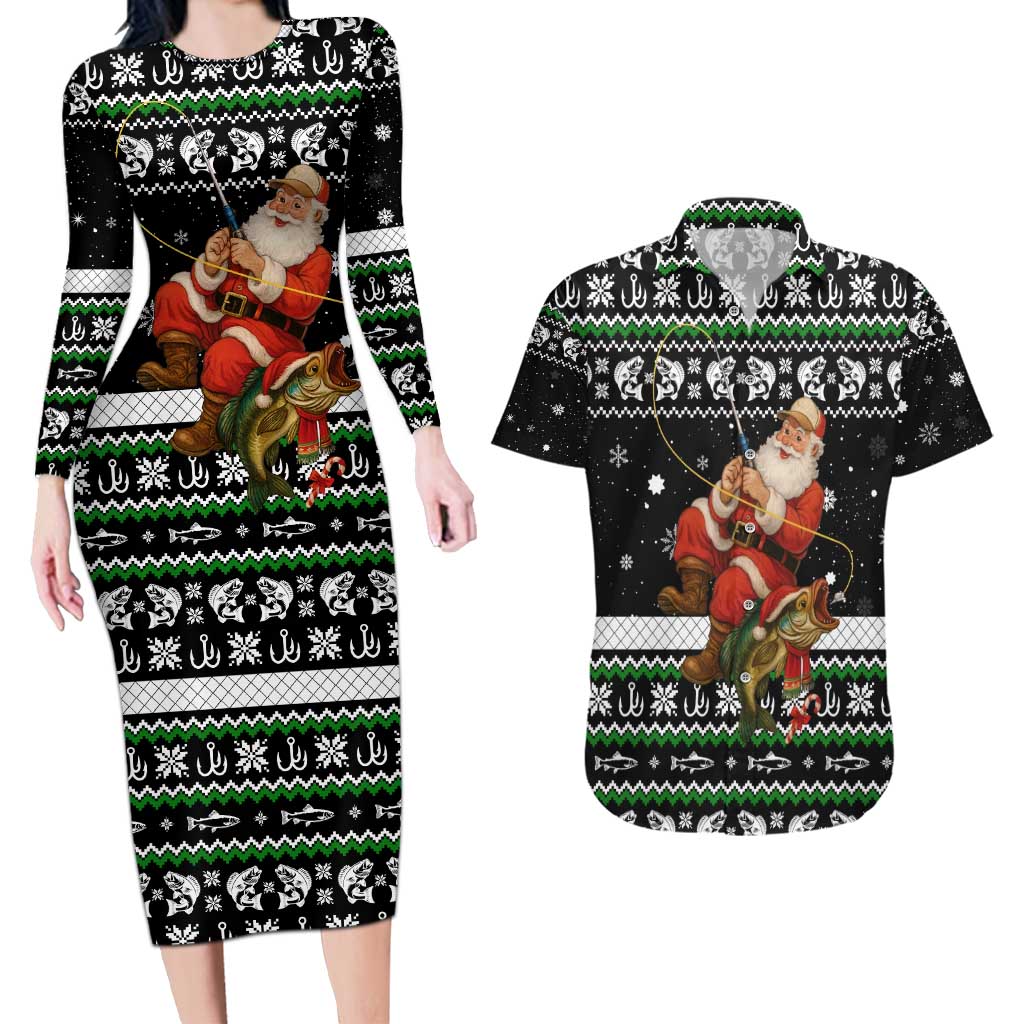 Santa Claus Fishing Christmas Couples Matching Long Sleeve Bodycon Dress and Hawaiian Shirt Xmas Holiday Patterns - Wonder Print Shop