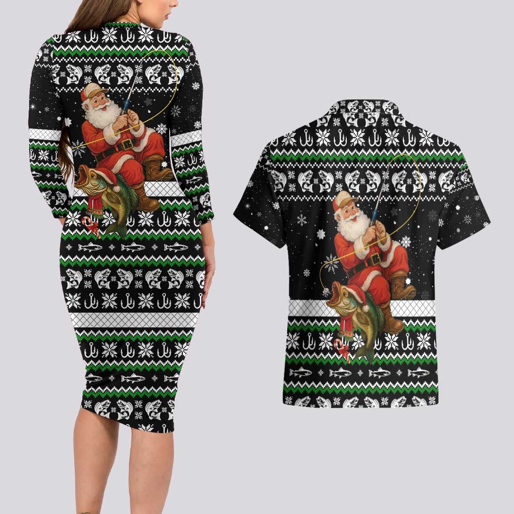 Santa Claus Fishing Christmas Couples Matching Long Sleeve Bodycon Dress and Hawaiian Shirt Xmas Holiday Patterns - Wonder Print Shop