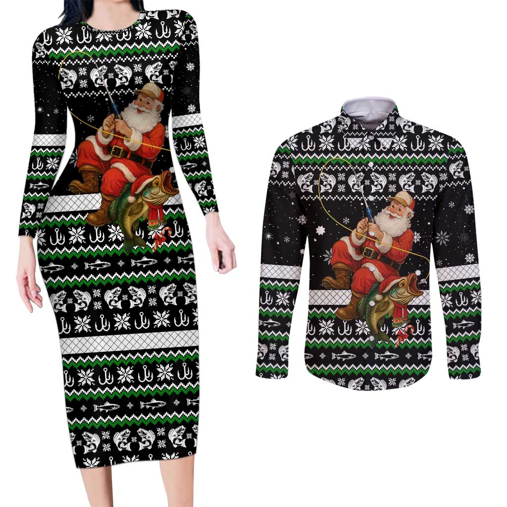 Santa Claus Fishing Christmas Couples Matching Long Sleeve Bodycon Dress and Long Sleeve Button Shirt Xmas Holiday Patterns - Wonder Print Shop
