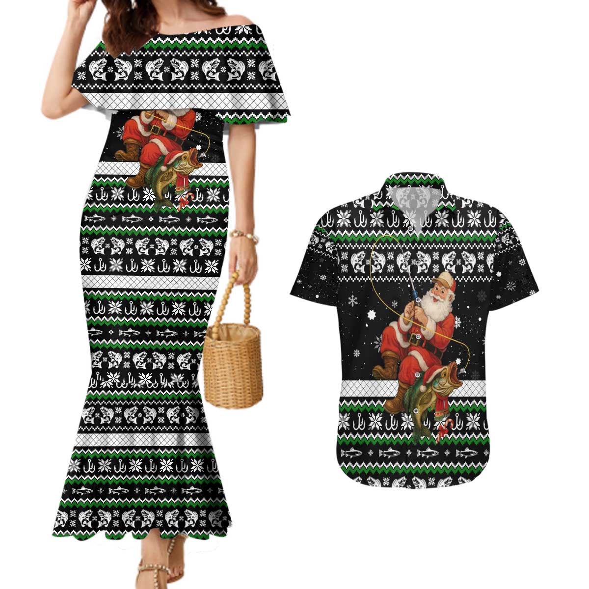 Santa Claus Fishing Christmas Couples Matching Mermaid Dress and Hawaiian Shirt Xmas Holiday Patterns - Wonder Print Shop