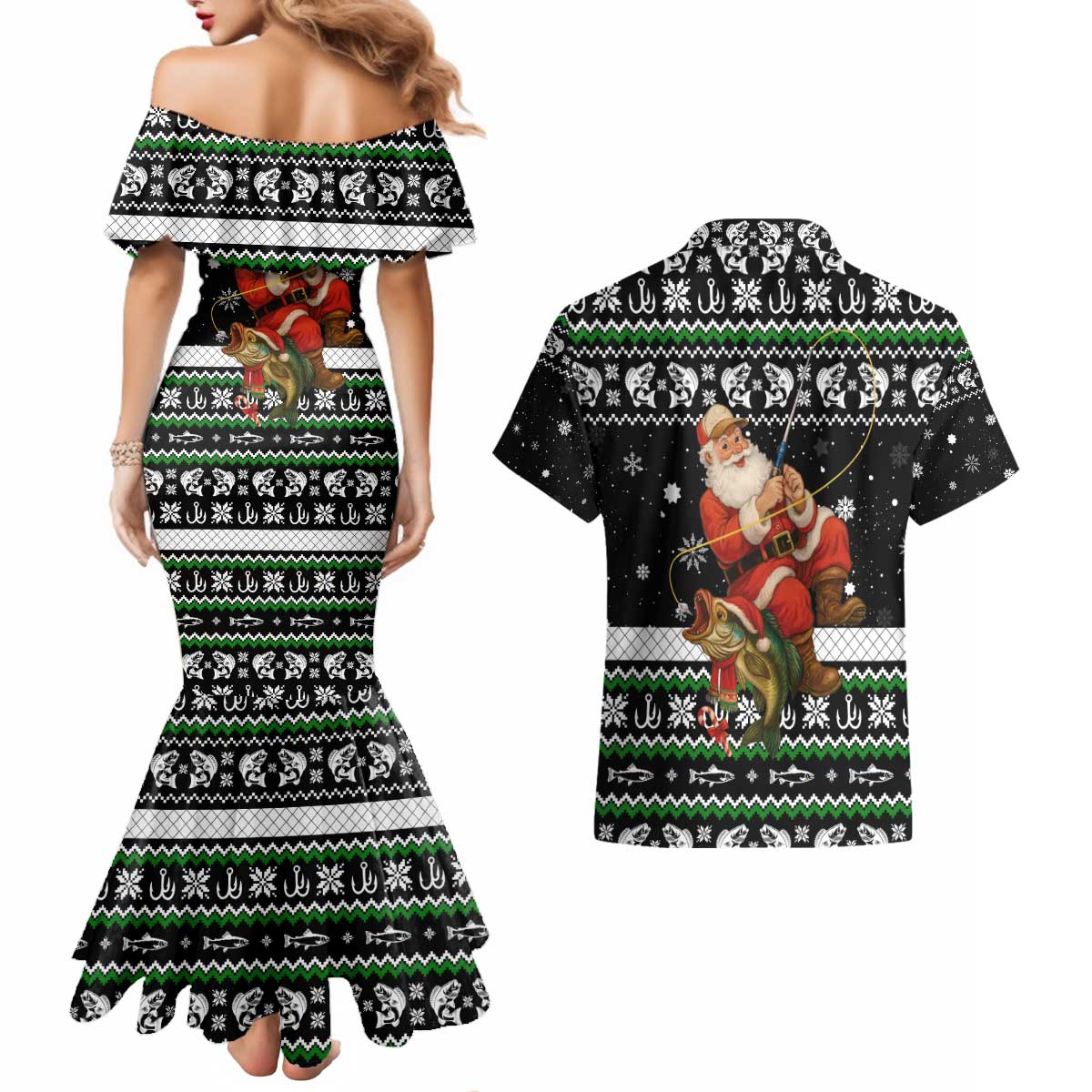 Santa Claus Fishing Christmas Couples Matching Mermaid Dress and Hawaiian Shirt Xmas Holiday Patterns - Wonder Print Shop