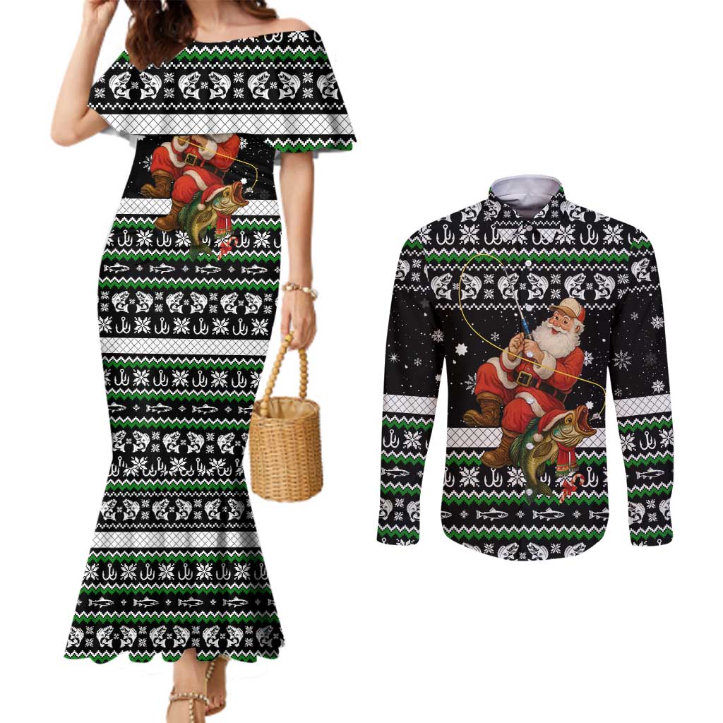 Santa Claus Fishing Christmas Couples Matching Mermaid Dress and Long Sleeve Button Shirt Xmas Holiday Patterns - Wonder Print Shop
