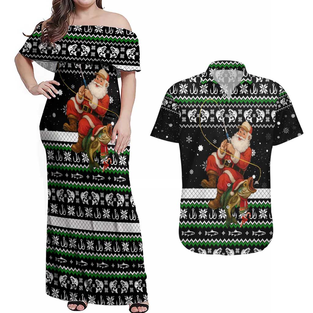 Santa Claus Fishing Christmas Couples Matching Off Shoulder Maxi Dress and Hawaiian Shirt Xmas Holiday Patterns - Wonder Print Shop