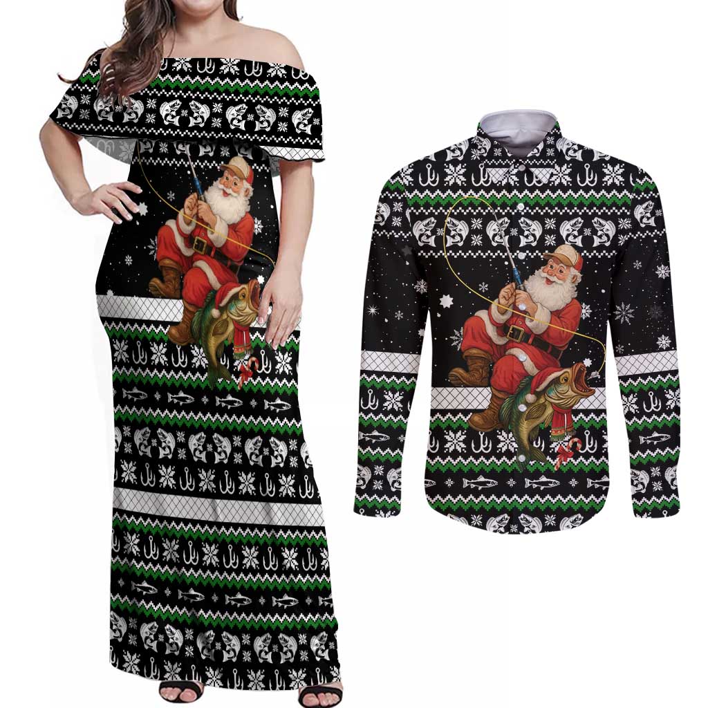 Santa Claus Fishing Christmas Couples Matching Off Shoulder Maxi Dress and Long Sleeve Button Shirt Xmas Holiday Patterns - Wonder Print Shop