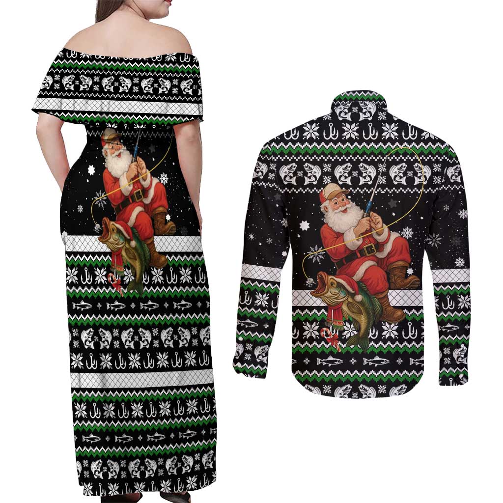 Santa Claus Fishing Christmas Couples Matching Off Shoulder Maxi Dress and Long Sleeve Button Shirt Xmas Holiday Patterns - Wonder Print Shop