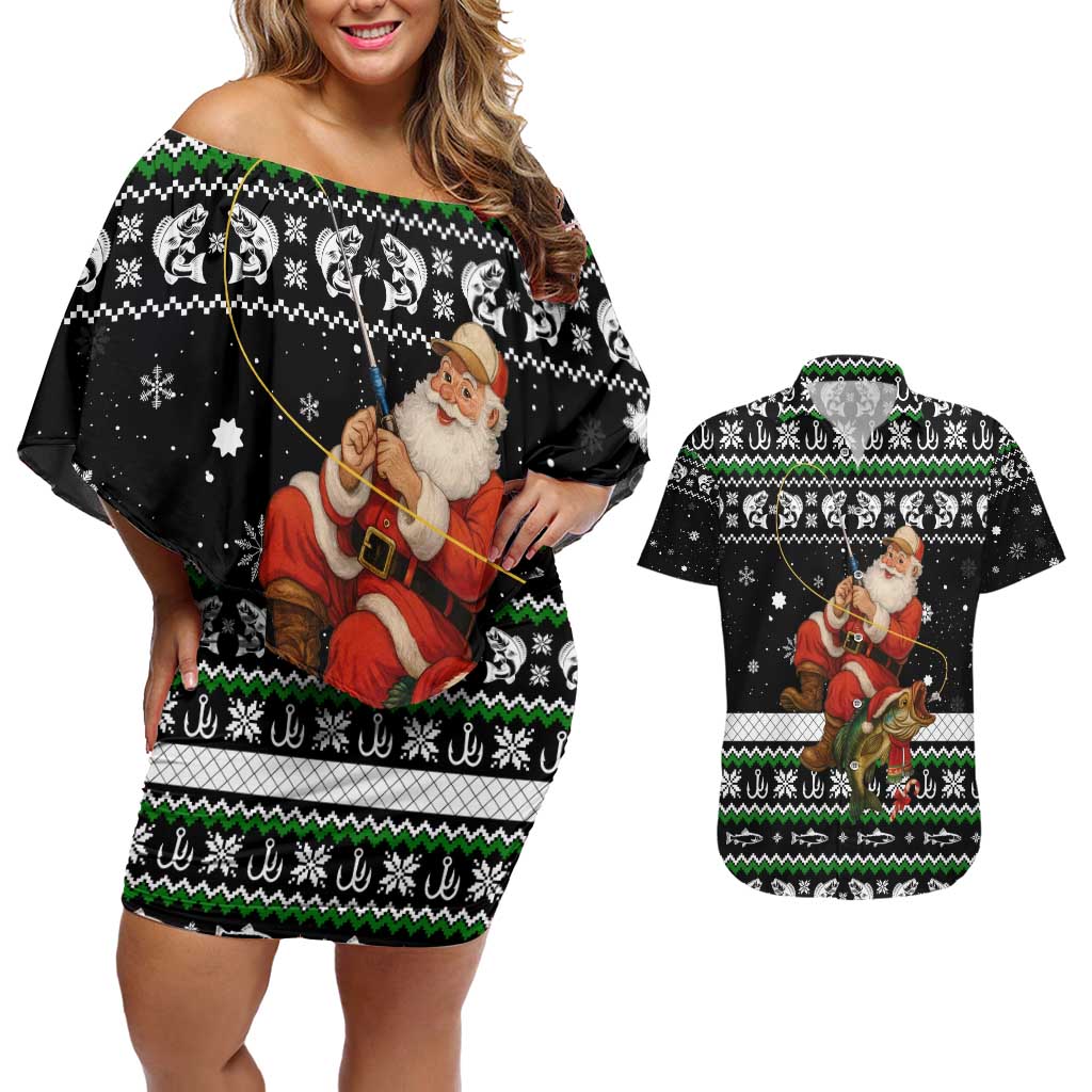 Santa Claus Fishing Christmas Couples Matching Off Shoulder Short Dress and Hawaiian Shirt Xmas Holiday Patterns - Wonder Print Shop
